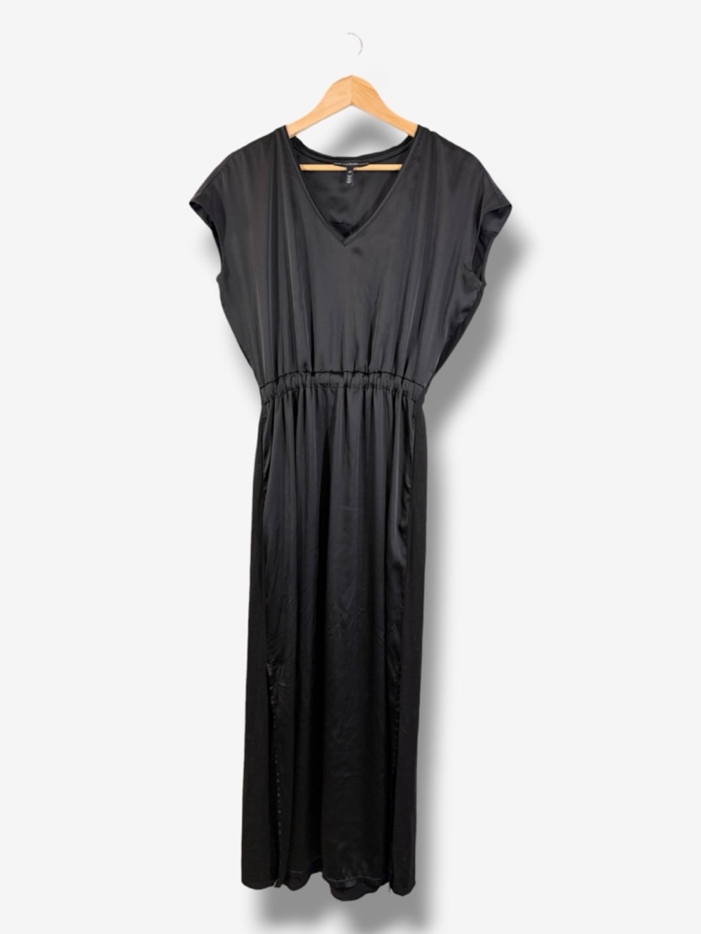 WHBM Black Satin Front V-Neck Maxi Dress XS Side Slits Knit Back Minimalist